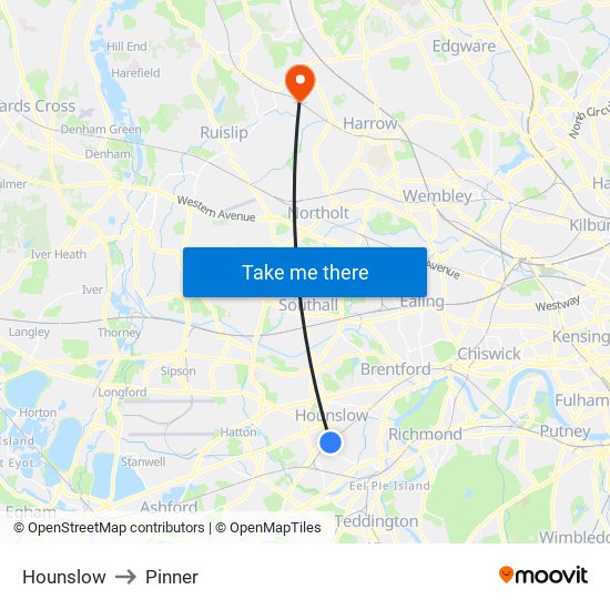 Hounslow to Pinner map