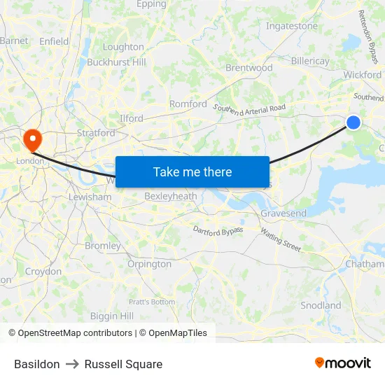 Basildon to Russell Square map