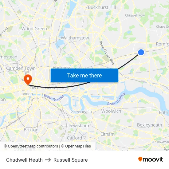 Chadwell Heath to Russell Square map