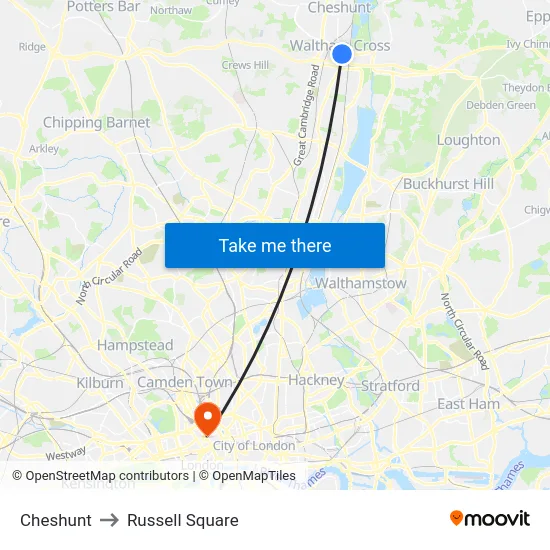 Cheshunt to Russell Square map