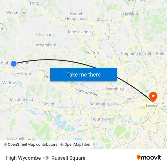 High Wycombe to Russell Square map