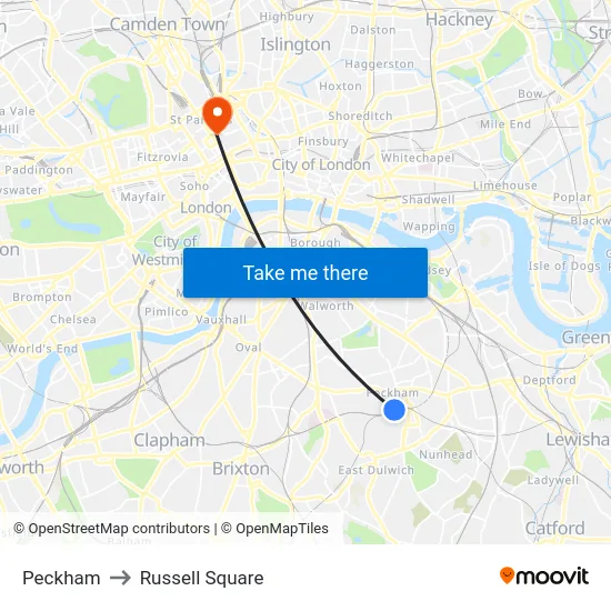 Peckham to Russell Square map