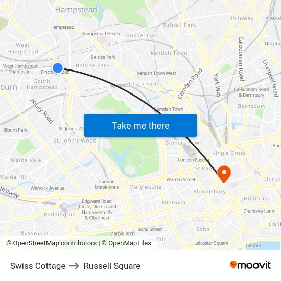Swiss Cottage to Russell Square map