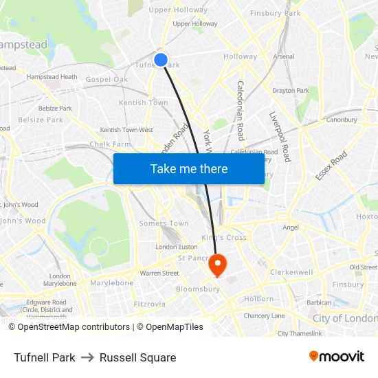 Tufnell Park to Russell Square map