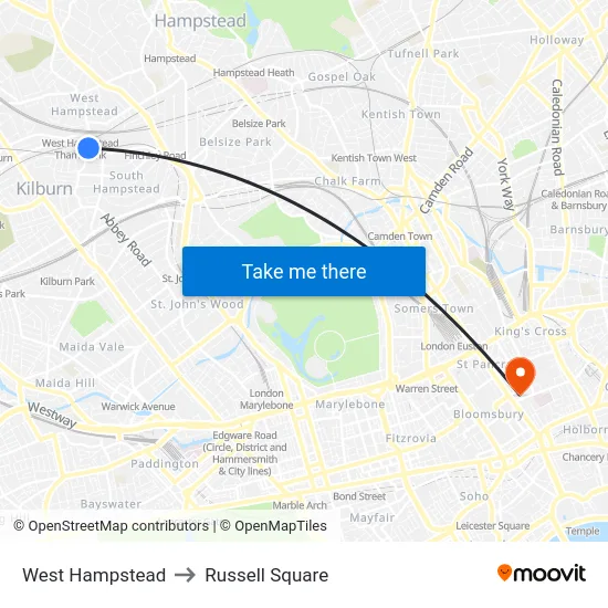 West Hampstead to Russell Square map