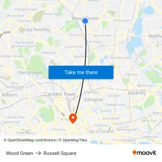 Wood Green to Russell Square map