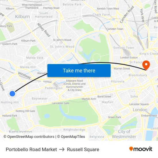 Portobello Road Market to Russell Square map