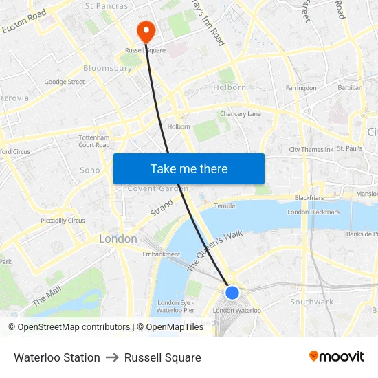 Waterloo Station to Russell Square map