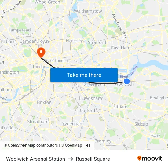 Woolwich Arsenal Station to Russell Square map