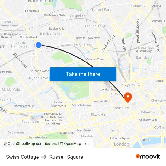 Swiss Cottage to Russell Square map