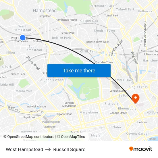 West Hampstead to Russell Square map