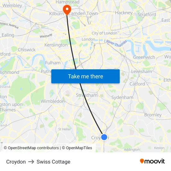 Croydon to Swiss Cottage map