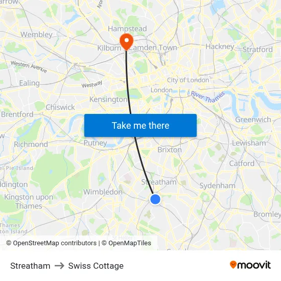Streatham to Swiss Cottage map