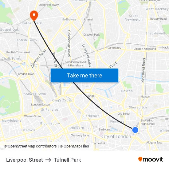 Liverpool Street to Tufnell Park map