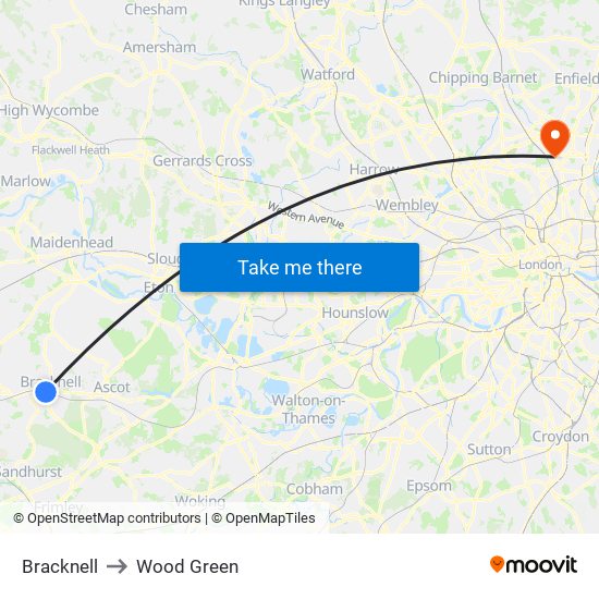 Bracknell to Wood Green map