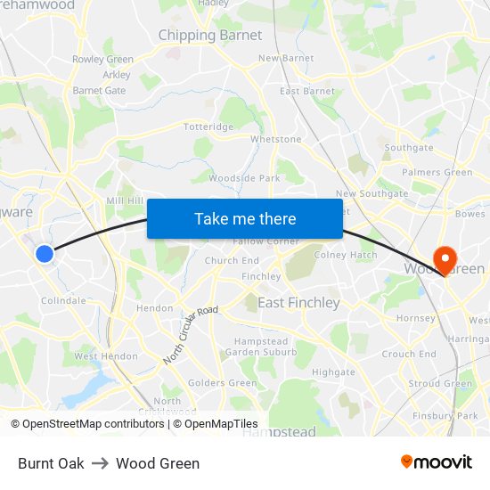 Burnt Oak to Wood Green map