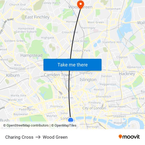 Charing Cross to Wood Green map