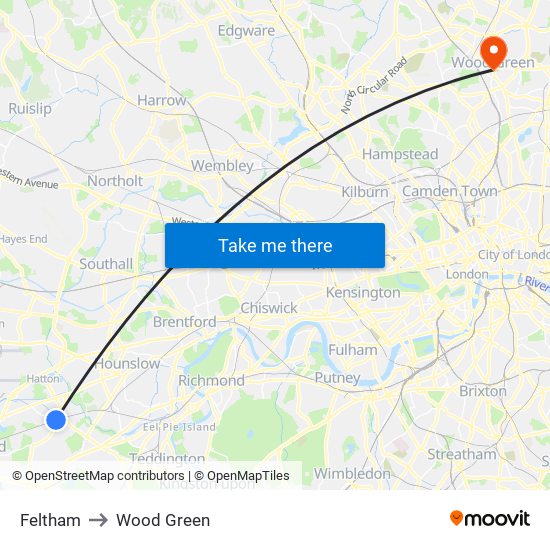 Feltham to Wood Green map