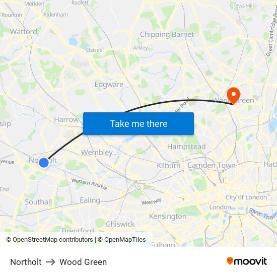 Northolt to Wood Green map