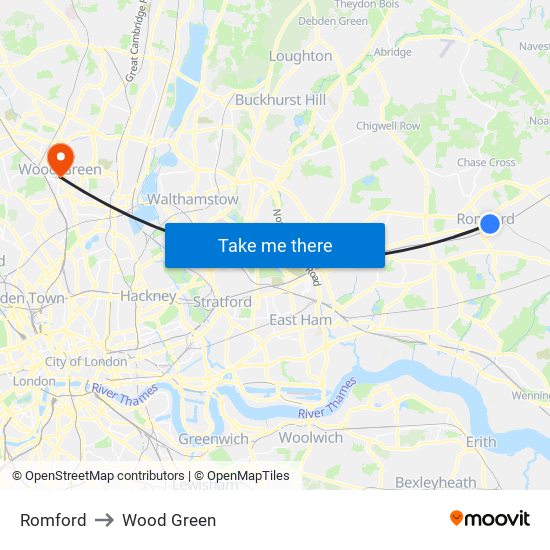 Romford to Wood Green map