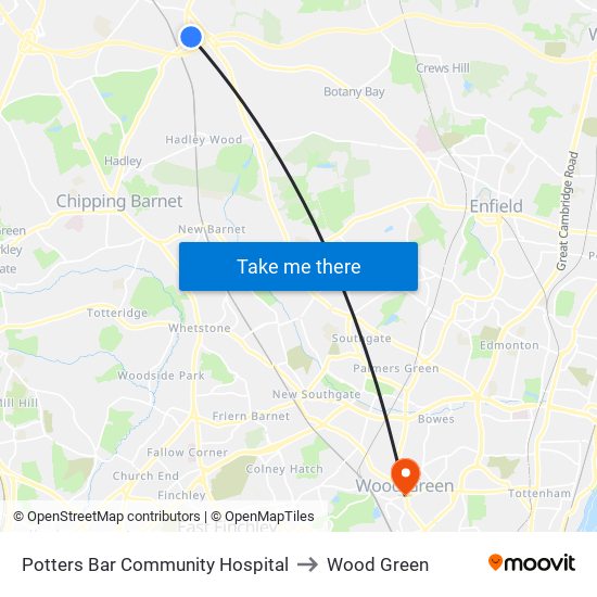 Potters Bar Community Hospital to Wood Green map