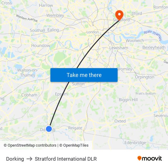 Dorking to Stratford International DLR map