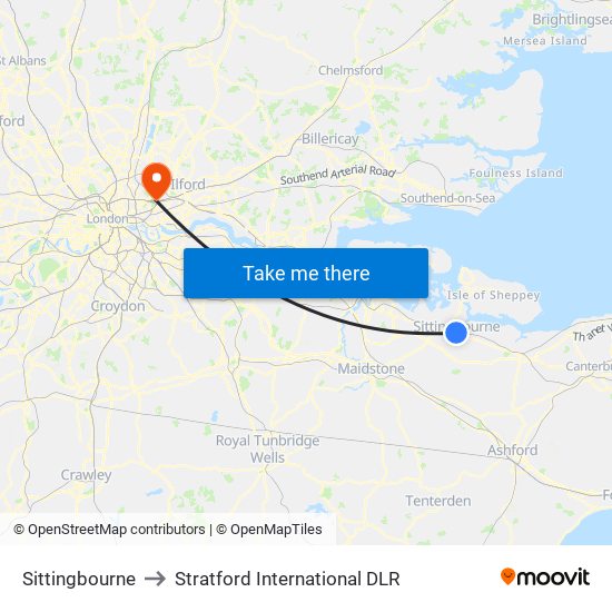 Sittingbourne to Stratford International DLR map