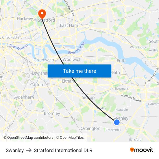 Swanley to Stratford International DLR map