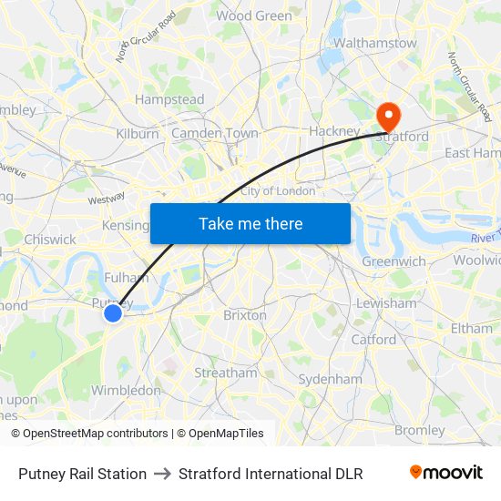 Putney Rail Station to Stratford International DLR map