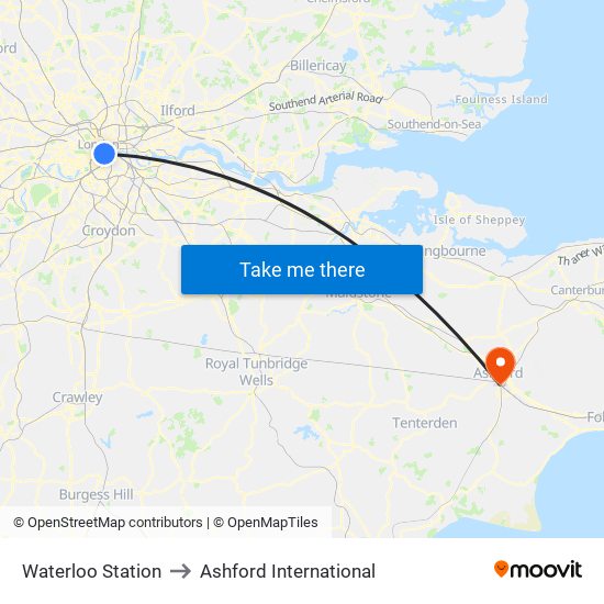 Waterloo Station to Ashford International map