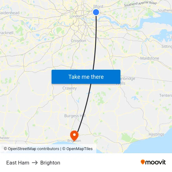 East Ham to Brighton map