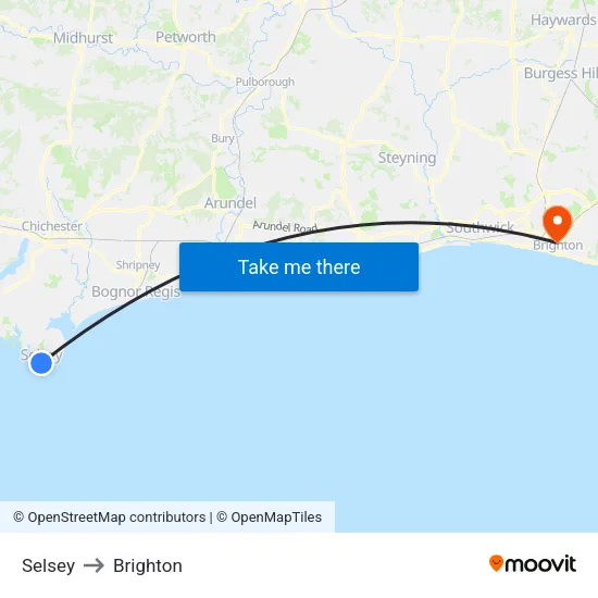Selsey to Brighton map