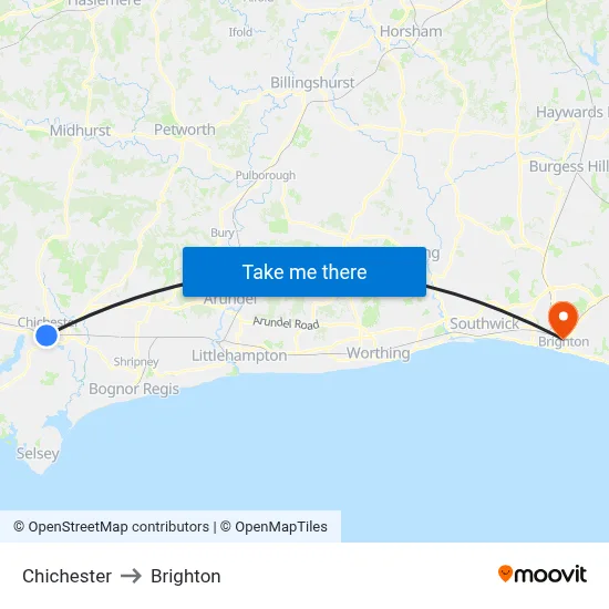 Chichester to Brighton map