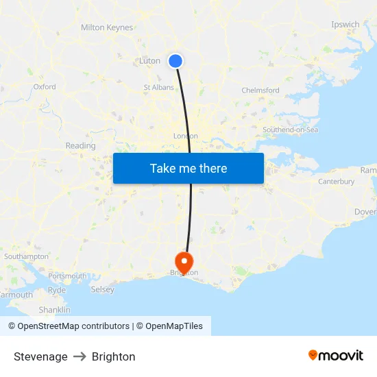 Stevenage to Brighton map