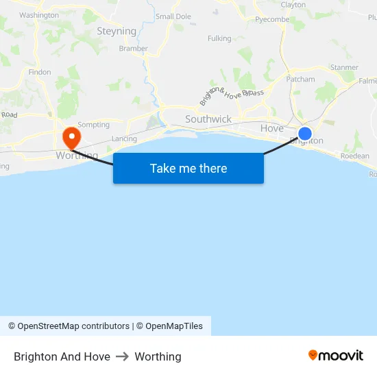 Brighton And Hove to Worthing map
