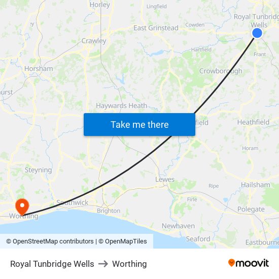 Royal Tunbridge Wells to Worthing map