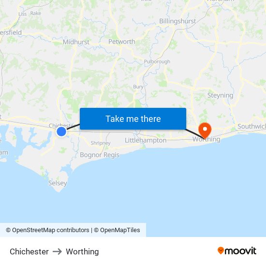 Chichester to Worthing map