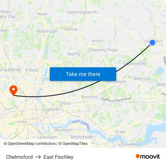 Chelmsford to East Finchley map