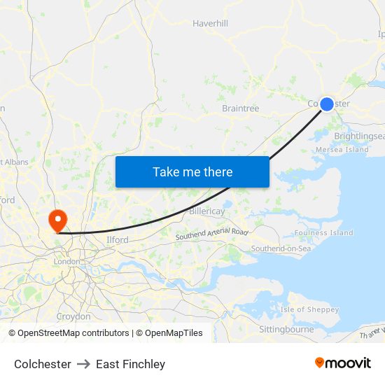 Colchester to East Finchley map