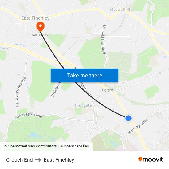 Crouch End to East Finchley map