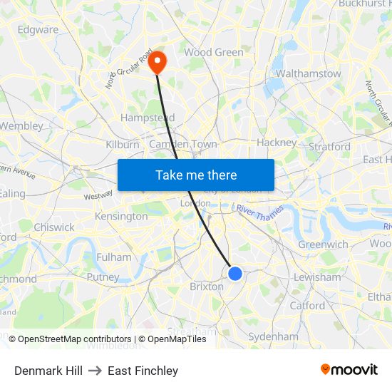 Denmark Hill to East Finchley map