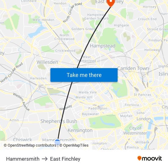 Hammersmith to East Finchley map