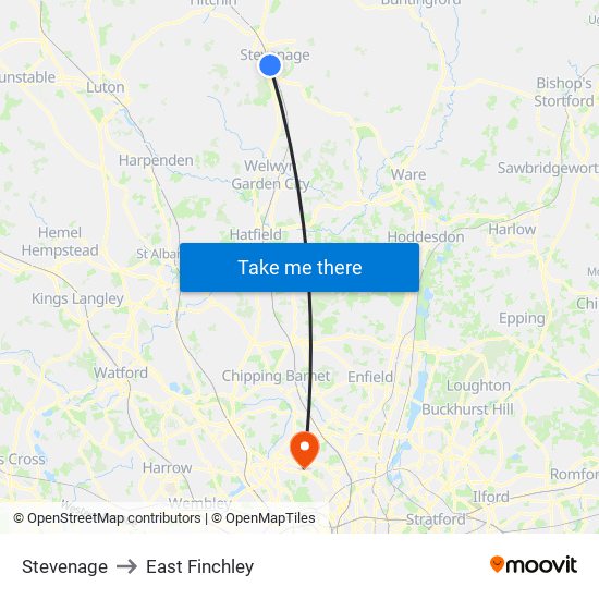 Stevenage to East Finchley map