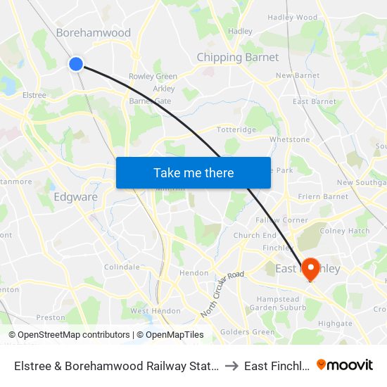 Elstree & Borehamwood Railway Station to East Finchley map