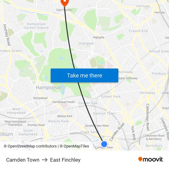 Camden Town to East Finchley map