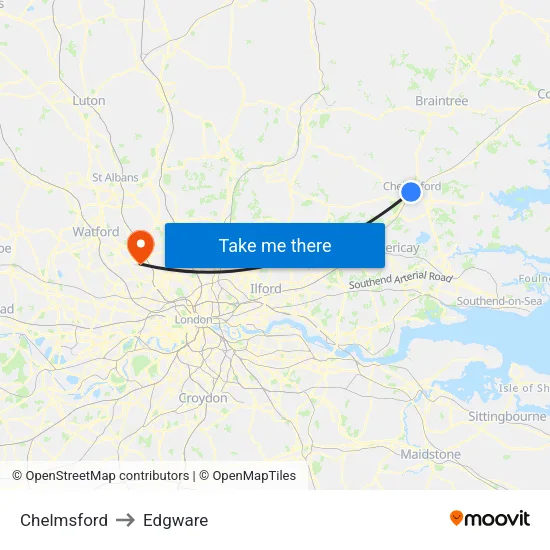 Chelmsford to Edgware map