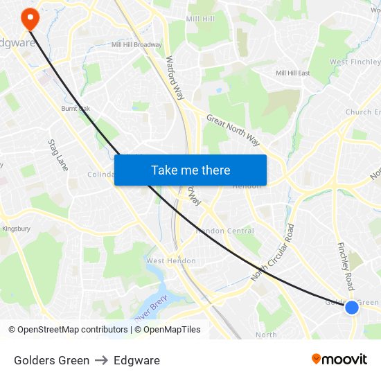 Golders Green to Edgware map