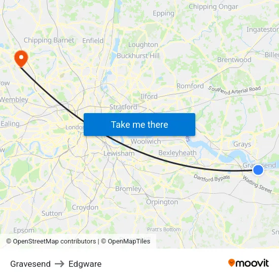 Gravesend to Edgware map