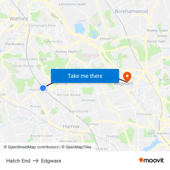 Hatch End to Edgware map