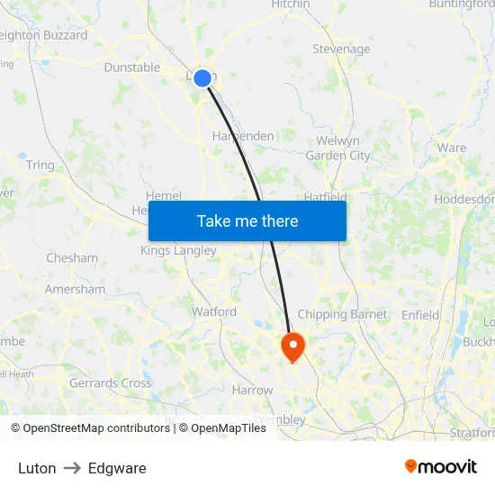 Luton to Edgware map